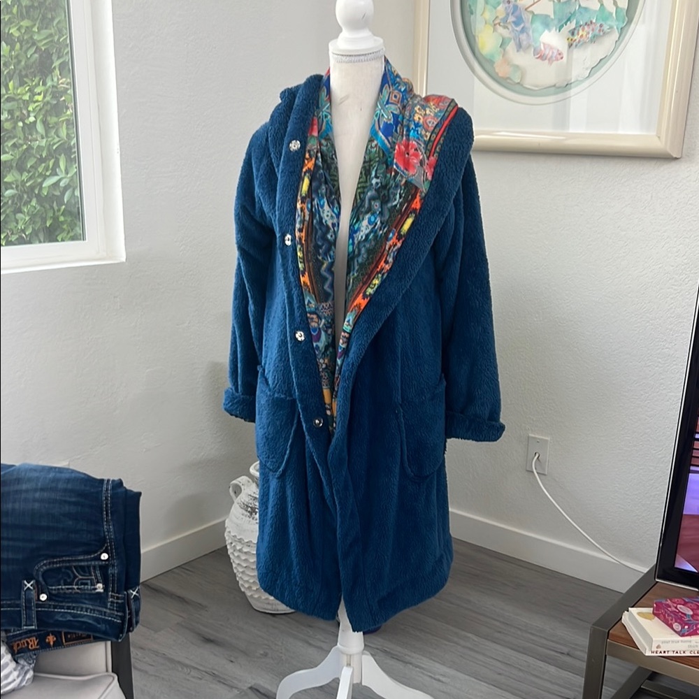 Navy Blue Teddy Jacket with Floral Embroidery